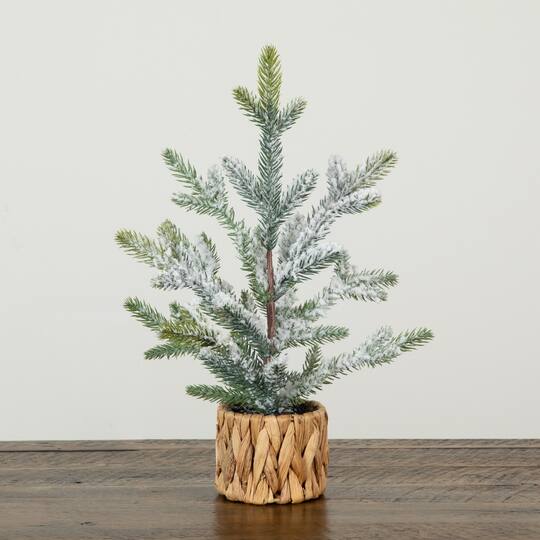 Nearly Natural 14" Unlit Artificial Flocked & Frosted Fir Christmas Tree in Woven Basket